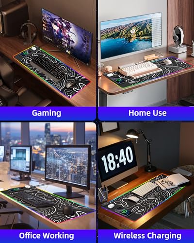 Wireless Charging Mouse Pad, RGB Gaming Mousepad, 31.5"x15.7" Extra Large Desk Pad, 13 Light Modes, Non-Slip Base, Waterproof Computer Keyboard Mat for MacBook, PC, Laptop, Black Topographic Line - color: Black Topographic