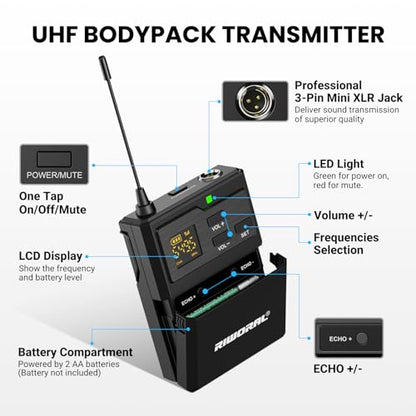 UHF Dual Channel Wireless Lavalier Microphone System-2 Bodypack Transmitters with Headset & Lapel Mics, Rechargeable Receiver, Echo Function,50m/164ft Range 1/4" Output for Recording Karaoke Teaching