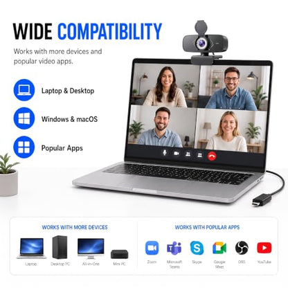1080P Webcam with Microphone for PC, Full HD USB Computer Camera with Low Light Correction, Wide Angle Web Camera for Streaming, Zoom, Teams, Skype, Plug and Play Webcam for Laptop Desktop Mac