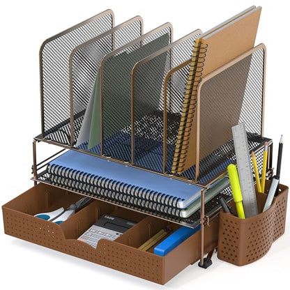 Simple Houseware Mesh Desk Organizer with Sliding Drawer, Double Tray and 5 Upright Sections, Copper - color: Copper