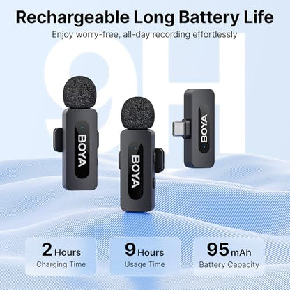 BOYA BY-V20 Wireless Microphones for iPhone 17/16/15 & Android/Laptop with USB-C Port, 328ft Range, 9H Battery Life, Noise Reduction Mini Mic Clip on Lapel Microphone Wireless for Video Recroding - size: 2TX+USB-C RX