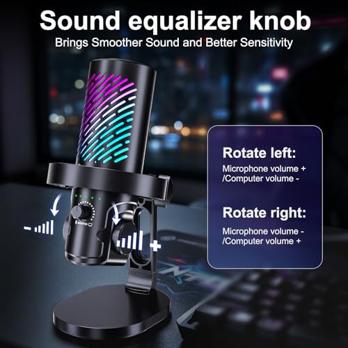 tenlamp RGB USB Gaming Microphone for PC, Streaming & Podcast, Cardioid Condenser Mic with Noise Reduction, Touch Mute, Headphone Monitoring, Gain Control, Plug & Play for Mac Phone