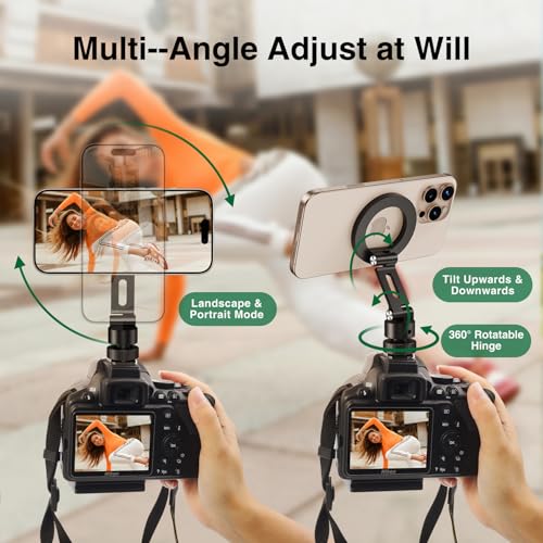 elitehood Aluminum Magnetic Camera Phone Mount with 360° Rotatable Cold Shoe Base, MagSafe iPhone Tripod Mount Adapter with 1/4” Screw & Hot Shoe, 180° Tilt Cell Phone Holder for Tripod Attachment - style: Rotatable Cold Shoe Base