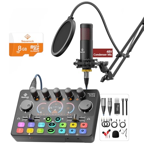Podcast Equipment Bundle, Mixer with 48V XLR Condenser Microphone, TF card,5RGB,Surround Sound,Suitable for Streaming/TikTok/YouTube, Compatible with Mobile Phones, PC,Camera RS2 - style: Audio interface+ 1 condenser mic