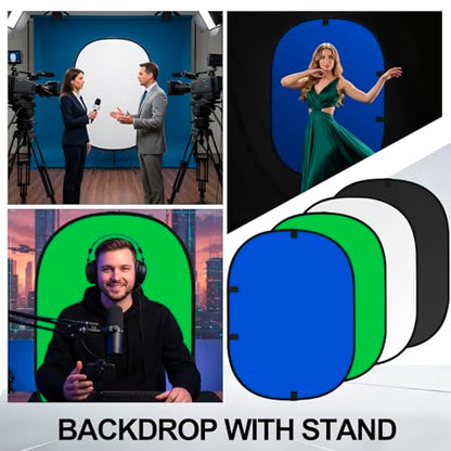 Tingjoo 2 Pack Foldable Photo Backdrop with Stand, 3.3 x 5 ft Double Sided Green Blue Black White 2 in 1 Screen, Portable Photo Backdrop and Stand Kit for Headshot, Video Recording, Live Streaming