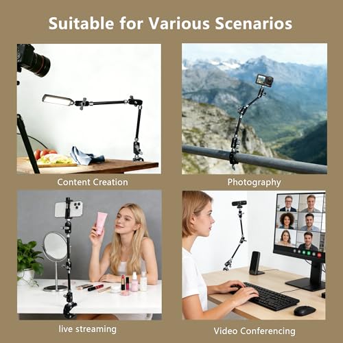 GEEKOTO 22" Magic Arm, Overhead Phone Mount with 360Dual Ball Head, CNC Aluminum Desk Camera Mount for Photography & Content Creation, Camera, Phone Holder,Filming, Action Camera, LED Light, Webcam - style: Desk Clip&Phone Clip