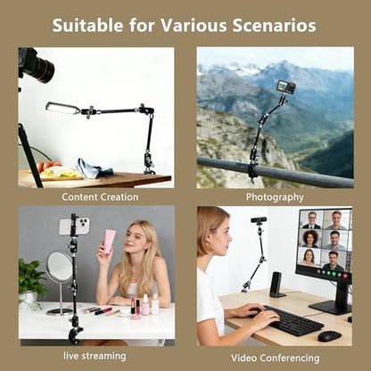 GEEKOTO 22" Magic Arm, Overhead Phone Mount with 360Dual Ball Head, CNC Aluminum Desk Camera Mount for Photography & Content Creation, Camera, Phone Holder,Filming, Action Camera, LED Light, Webcam - style: Desk Clip&Phone Clip