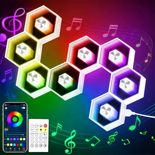 Hexagon LED Lights - 8 Pack Smart APP RGB Gaming LED Light with Remote Control & Music Sync Honeycomb Shape Hexagon Wall Lights for Bedroom, Living Room Wall, Gaming Decor - color: RGB-8pcs