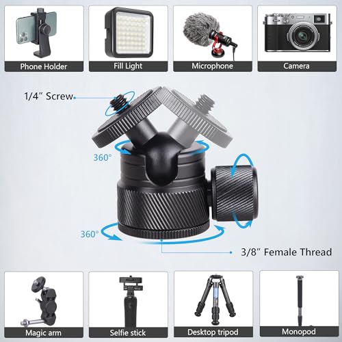ARTCISE Mini CNC Machining Tripod Ball Head - Portable Aluminum Alloy 360 Rotating Head for Phone & Light Camera, Max Load 6.6lbs/3kg