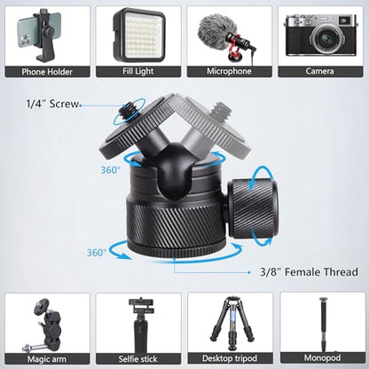 ARTCISE Mini CNC Machining Tripod Ball Head - Portable Aluminum Alloy 360 Rotating Head for Phone & Light Camera, Max Load 6.6lbs/3kg