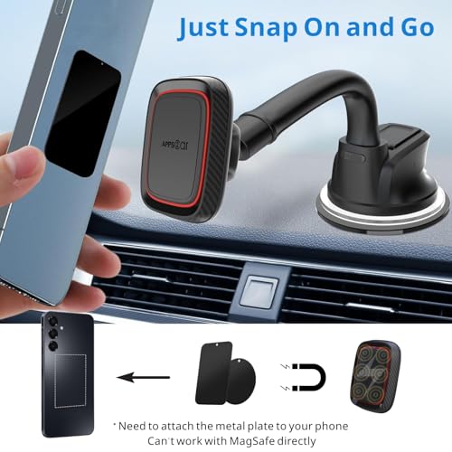 APPS2Car Magnetic Car Phone Holder Mount [6 Strong Magnets], Cell Phone Holder Car [Suction Cup], Phone Car Holder Mount [Windshield Dashboard] fit for Most Smartphones
