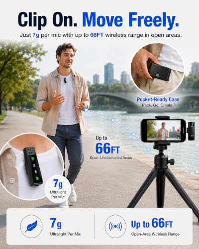 Wireless Lavalier Microphone for iPhone/Samsung/Android, 2 Mics, USB-C Port | 2 Clip-On Mics with Noise Reduction, 34h Using Time with Charging Case, 48kHz Audio 66ft Range for Video Recording USB C