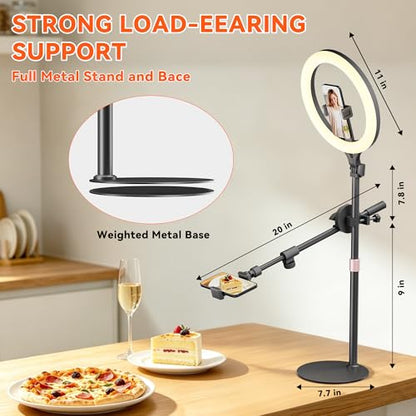 Ring Light with Stand is an Adjustable 11" Desk Ring Light,Featuring Overhead Phone Mount and Overhead Camera Mount with Light,Designed for Video Recording,YouTube,TikTok,Live Streaming