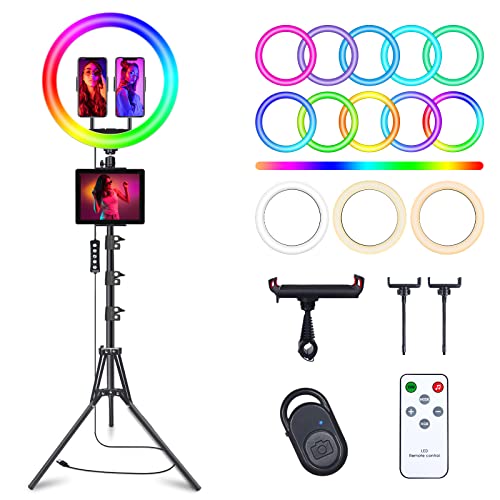 12" Selfie Ring Light with 75" Tripod Stand & 2 Phone Holder, LED Camera Ringlight with 48 RGB Colors Modes & Musical Rhythm Mode and 12 Brightness Dimmable for TikTok/Makeup/Photography/Vlog - color: 12" Musical Version
