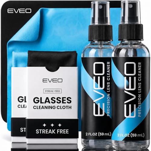 EVEO Glasses Cleaner Spray - Eyeglass Cleaner Lens Cleaner No Streaks Technology & Microfiber Cleaning Cloth - Glasses Cleaning Kit, Eye Glass Cleaners Spray - Screen & Eye Glasses Kit - 2 Pack - size: 4 Piece Set