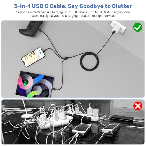 3-in-1 USB C to C Charging Charger Cable Cord Compatible with Rode Wireless Go 2/ II Microphone, DJI Mini 4 Pro/ 4K / 3 Pro/ 3, Mavic 3, Air 2S, Avata Drone and Remote Controller Batteries, 3.3FT