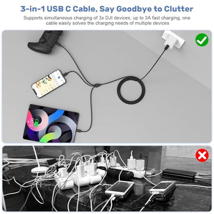 3-in-1 USB C to C Charging Charger Cable Cord Compatible with Rode Wireless Go 2/ II Microphone, DJI Mini 4 Pro/ 4K / 3 Pro/ 3, Mavic 3, Air 2S, Avata Drone and Remote Controller Batteries, 3.3FT
