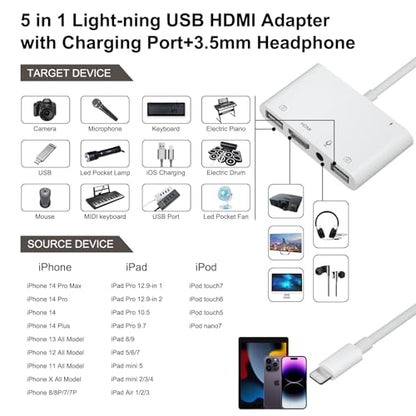 Lightning to HDMI Adapter for iPhone/iPad to TV, Dual USB OTG Adapter with Microphone Input for Live-Streaming, MIDI Keyboard, Mouse, HD TV/Projector/Monitor Compatible (White)