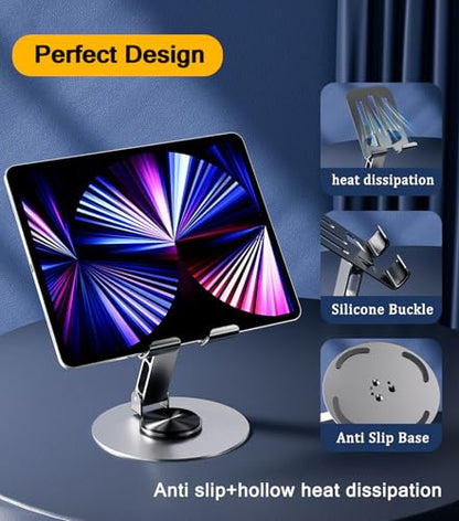 Desktop Phone Holder, Metal Cell Phone Stand for Desk, Fully Adjustable/Foldable/360 Degree Rotating Phone Cradle Dock for iPhone iPad and More Cellphone/Tablet/Switch-Silver Grey