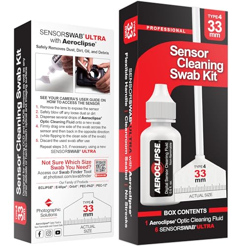 Sensor Cleaning Swab Kit - Aeroclipse Non-Flammable Optic Cleaning Solution (0.5oz/15ml) + Type-4 Sensor Swab Ultra 33mm (Pack of 6) - for Medium Format CMOS and CCD Sensors - Dust & Oil Remover - size: 33mm