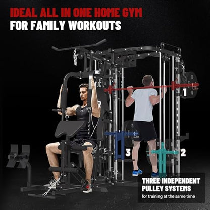 All in One Home Gym System Workout Station, Multi-Function Smithe Machine Power Cage with Cable Crossover System, Tripe-Sided Independent Load Posts, Functional Trainer for Full Body Training - color: Black, style: Home Gym Station