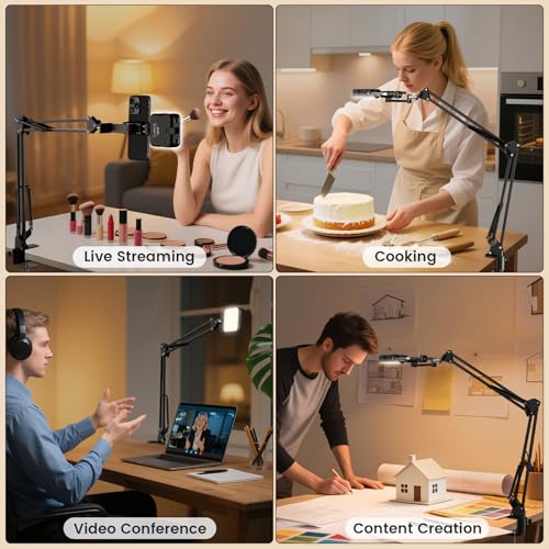 Overhead Phone Mount with LED Selfie Light and Bluetooth Remote, Rechargeable Ring Light Tripod Stand with Flexible Boom Arm, Desk Phone Holder for Video Recording, Live Streaming, TikTok, Vlogging
