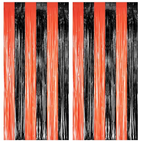 Black Orange Streamers Party Backdrop - GREATRIL Tinsel Fringe Curtain for Halloween Decorations/Pumpkin/Birthdays Party Decoration - 3.2ft X 8.2ft - 2 Packs - color: Black Orange