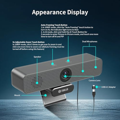 TOALLIN 3-in-1 4K Webcam with Mics and Speaker, AI Tracking & Framing, 5X Zoom, WDR/HDR, All-in-One Conference Camera for Meetings, Streaming, Video Calls