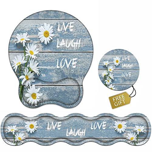 Keyboard Wrist Rest and Mouse Pad Wrist Support Set, Non-Slip Rubber PU Base for Home Office Working Studying Easy Typing & Pain Relief, Dreamy Daisy Vintage Wood Board Live Laugh Love - color: Dreamy Daisy Vintage Wood Board Live Laugh Love