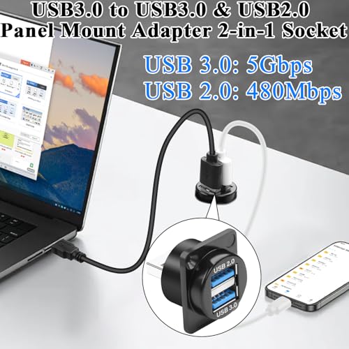 QIANRENON 2 in 1 USB 3.0 to USB3.0 & USB2.0 Panel Mount Adapter 5Gbps USB3.0 Male to USB-3.0 Female + USB2.0 Female Bulkhead Mount Charging Data 1 in 2 Connector 5V1.5A, for Expansion USB Port