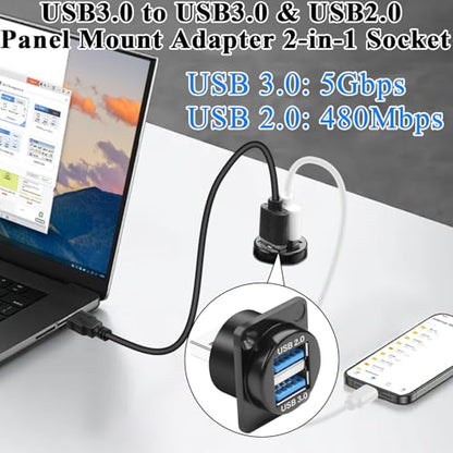QIANRENON 2 in 1 USB 3.0 to USB3.0 & USB2.0 Panel Mount Adapter 5Gbps USB3.0 Male to USB-3.0 Female + USB2.0 Female Bulkhead Mount Charging Data 1 in 2 Connector 5V1.5A, for Expansion USB Port