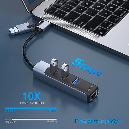 BENFEI 4in1 USB-C/USB 3.0 to Ethernet Adapter with 3*USB 3.0 Ports Compatible for iPhone 15 Series, MacBook Pro/Air 2023/2022/2021/2020/2019 and More - style: USB upright