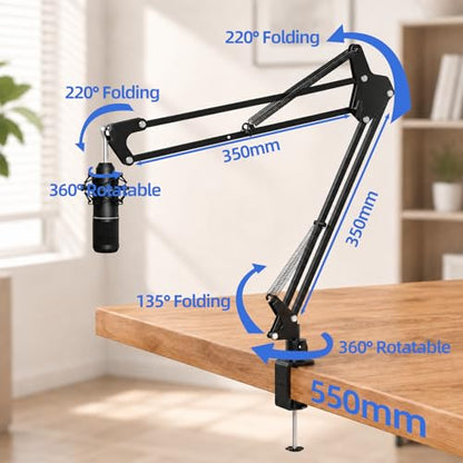 Mic Boom Arm, 1/4 3/8 5/8" Low Profile Microphone Stand, Cable Management | 360° Rotatable, Desk Mount Clamp, Heavy Duty Metal Black, Spring Damping, Streaming, Gaming, Recording, Podcasting, Studio