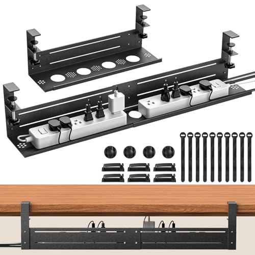 Under Desk Cable Management Tray - 18-29in Retractable Iron Cord Organizer, No-Drill Installation with Anti-Slip Pads, Desk Cable Tray for Office, Gaming,Standing Desks(Black)