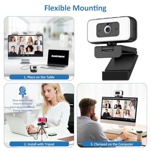 Webcam with Light, 2K HD Web Camera for Desktop Computer PC | Fixed Focus, 80° FOV, USB Plug and Play Web Cam for Video Calls, Online Meetings (4 Buttons-Adjust Brightness/Flip/Zoom)