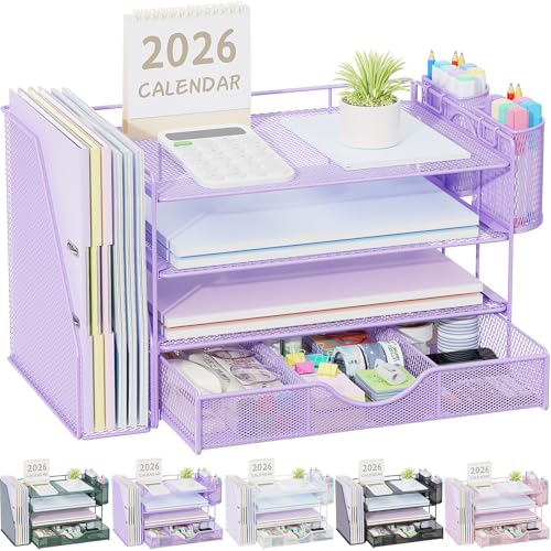 gianotter Desk Organizers and Accessories with File Holder, 4-Tier Desk Accessories & Workspace Organizers with Drawer and 2 Pen Holder, Paper Organizer for Office Supplies (Purple) - color: Purple