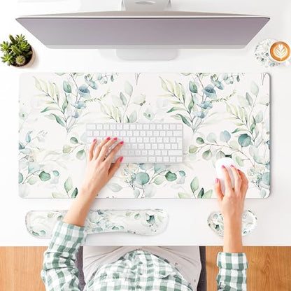 QIYI Leather Desk Mat Set, 4-in-1 Large Mouse Pad with Ergonomic Wrist Rest, Waterproof Desk Pad + Keyboard Wrist Rest + Mouse Wrist Support + Coaster, Non-Slip Office Gaming Accessories, Eucalyptus - color: Eucalyptus Branches