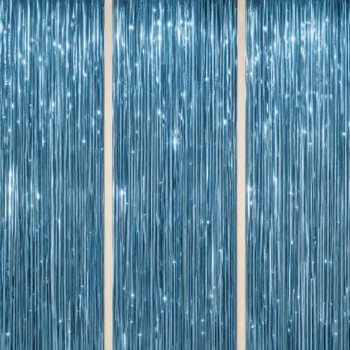 DECOCKRAT 3 Pack Foil Fringe Backdrop - Blue Shiny Tinsel Curtains for Party Decoration/Photo Booth Props - 3.3x8.2 FT Metallic Foil Backdrop for Birthday, Wedding, Graduation, Christmas. - color: Blue