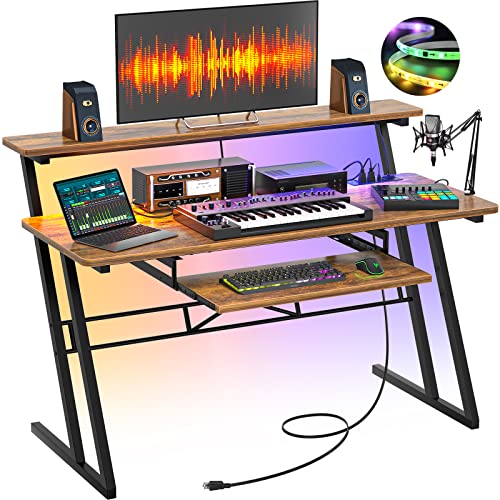 Music Studio Desk Production Workstation - Recording Studio Desk for Producer with Power Outlet & RGB LED Lights, Studio Workstation for Music Recording, Home Studio Table Desks, Rustic Brown - color: Rgb Lighting Rustic Brown