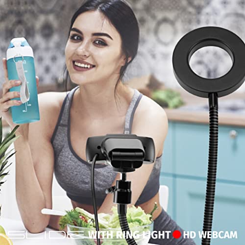 Slide 720P HD Webcam with Portable Ring Light and Clamp-on Stand, Streaming Camera with Mic, 30 FPS, 30 Light Modes, 2 Flexible Arms, Secure Clamp, Includes Sliding Lens Cover and USB Cable - size: 720P