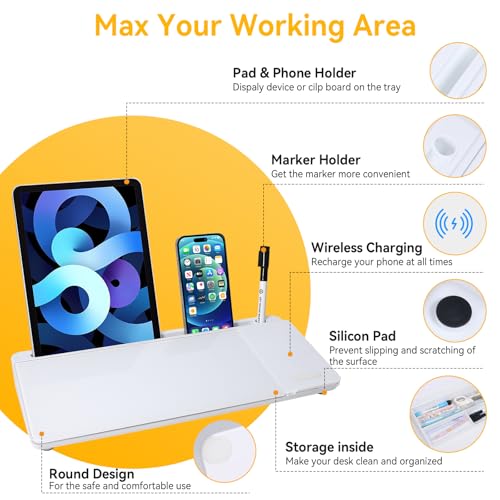 Small Glass Desktop Whiteboard Dry Erase Board with Wireless Charger Station - Computer Pad Keyboard Stand with Organizer for Home, School, Office Desk Accessories