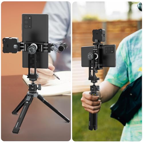 Metal Phone Mount for Tripod with 2 Cold Shoes & Arca Port,Phone Holder Stand with 4 * 1/4" Screw Mount,Support Vertical & Horizontal Rotate Suitable for iPhone 17 Pro/16Pro/15Pro/14/13