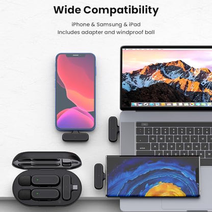 JoyGeek Wireless Lavalier Microphone with Charging Case, Noise Canceling Microphone, Professional Wireless Lavalier Mini Mic for iPhone Samsung Android Smartphone Vlog Live Recording,Audio & Video
