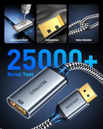 SAMZHE Active Unidirectional 8K DisplayPort 1.4 to HDMI 2.1 Adapter 0.82FT, 8K@60Hz 4K@240Hz High Refresh Alloy Shell Compatible with NVIDIA AMD Desktop Laptop Monitor TV Gaming Office Home Theater