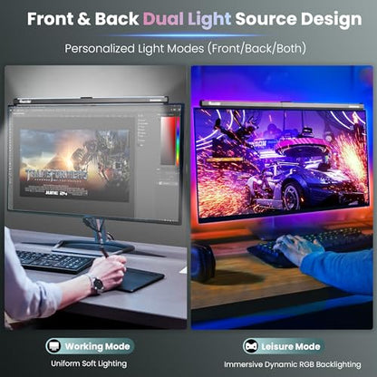 Quntis Monitor Light RGB PRO Backlight, Eye-Care Dual Light Computer Light Bar Gaming Office Desk Lamp, 15 Modes Dimmable Backlight, 3 Color Temperature Adjustable Brightness, Ra95 Screen Light Bar - style: RGB PRO Backlight