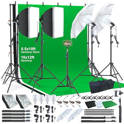 LINCO Lincostore Photo Video Studio Light Kit AM169 PRO - Including 3 Color Backdrops (Black/White/Green) Background Screen (8.5x10ft Background Frame with 10x12ft Backdrop)