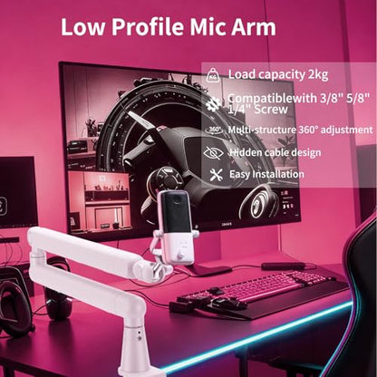 White 360° Rotatable Mic Stand, Microphone Boom Arm, Low Profile Mic Arm, Compatiblewith 3/8" 5/8" 1/4" Screw, for Podcasts Gaming Office Recording (white standard)