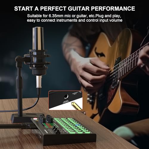 RHM M9 Podcast Equipment Bundle, All-in-One Starter Kit with Condenser Microphone & Tripod, Support Guitar or Bass Connection, 8H Battery, Portable Sound Mixer for TikTok, YouTube, PC, Smartphone