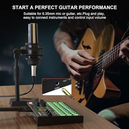 RHM M9 Podcast Equipment Bundle, All-in-One Starter Kit with Condenser Microphone & Tripod, Support Guitar or Bass Connection, 8H Battery, Portable Sound Mixer for TikTok, YouTube, PC, Smartphone