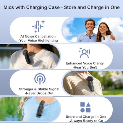 2-Pack Wireless Mini Lavalier Lapel Microphone for iPhone,Android Phone w/ Charging Case - 65ft Cordless Clip on Dual Mics with Noise Reduction 6H Working Time for Video Recording Vlogging,YouTube